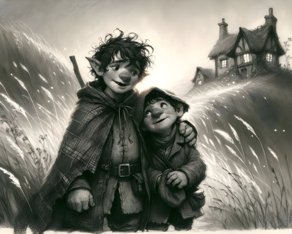 Whimsical Monochromatic Landscape with Cheerful Characters