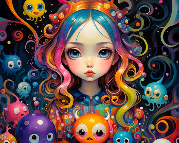 Whimsical Illustration of a Girl with Sea Creatures