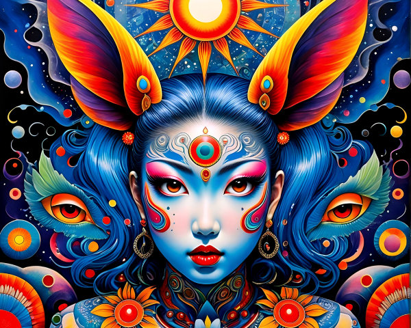Mythical figure with blue hair and cosmic elements