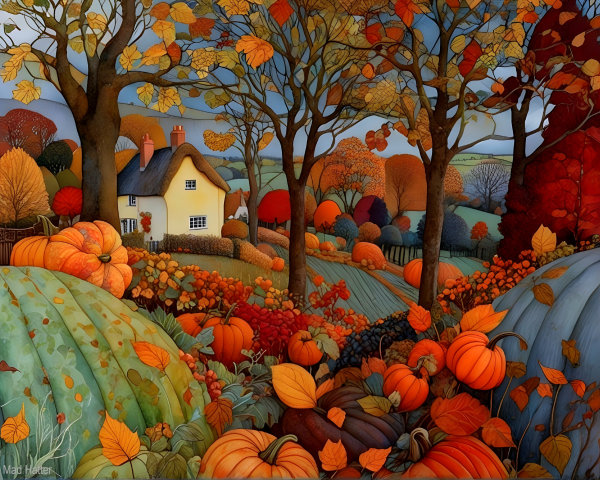 Cozy Yellow Cottage in Vibrant Autumn Landscape