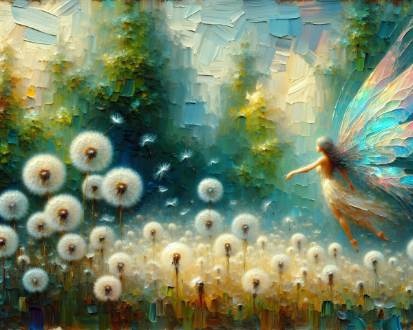 Whimsical Fairy Dancing in Dandelion Field