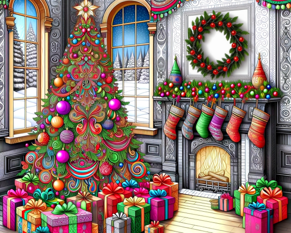 Colorful Christmas Scene with Tree and Decorated Fireplace
