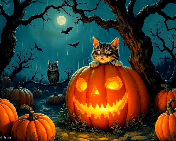 Whimsical Halloween Scene with Kitten and Jack-o'-Lantern