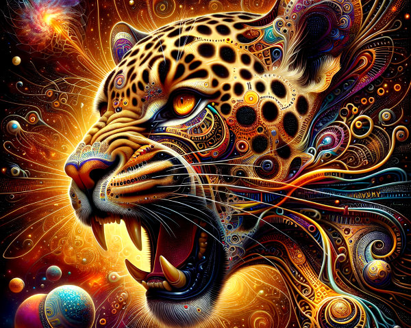 Vibrant Abstract Leopard Head with Cosmic Elements