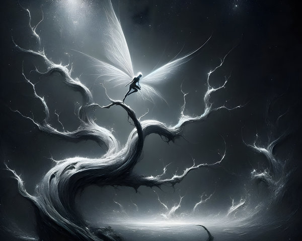 Fairy on Gnarled Tree in Mystical Dark Landscape