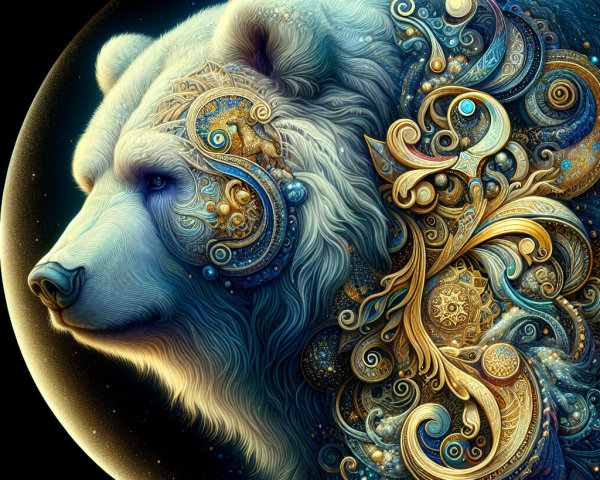 Majestic Bear Head Against Cosmic Gold and Blue Background