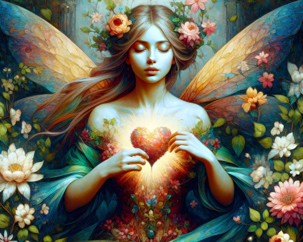 Fairy with Colorful Wings in Floral Enchantment Scene