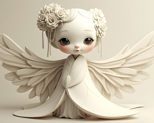 Whimsical Angel Figure with Floral Decor and Wings