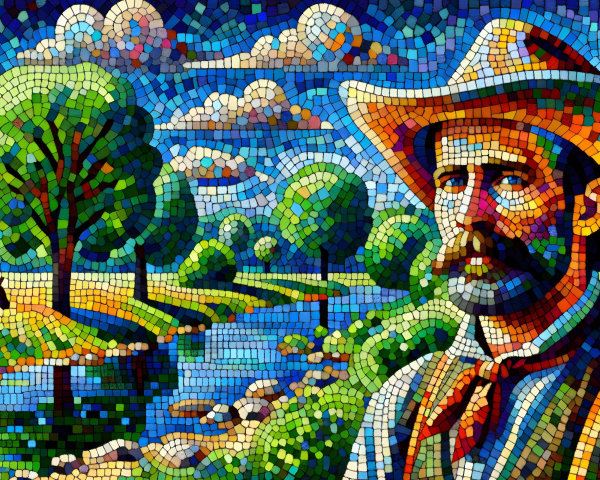 Vibrant Mosaic of Rugged Figure in Scenic Landscape