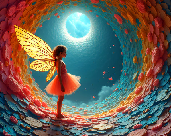 Whimsical Scene of a Girl with Transparent Wings
