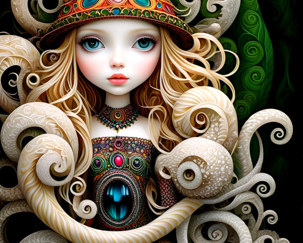 Whimsical figure with ornate hat and octopus tentacles
