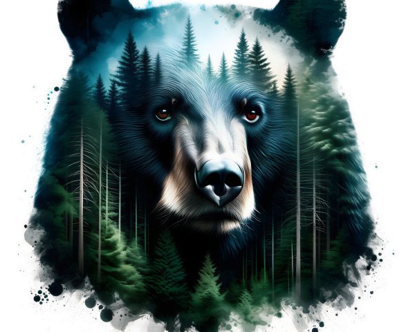 Double-Exposure Image of Bear with Forest Landscape