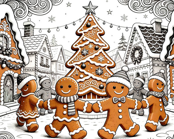 Christmas Coloring Page with Gingerbread Scenes