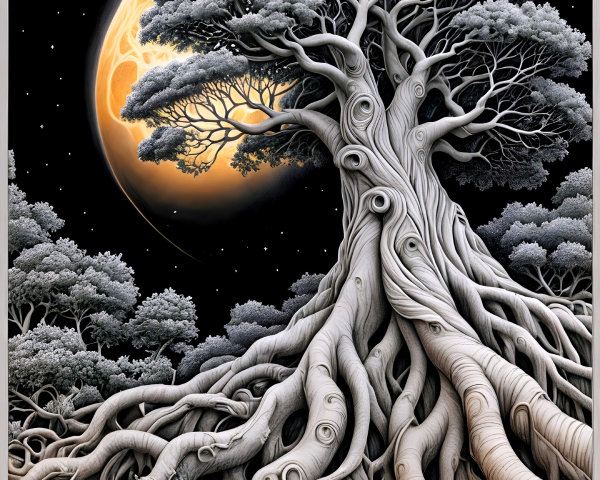 Majestic tree with roots and leaves under a moonlit sky