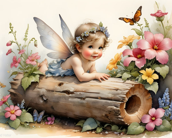 Toddler in Fairy Wings Surrounded by Flowers and Butterflies