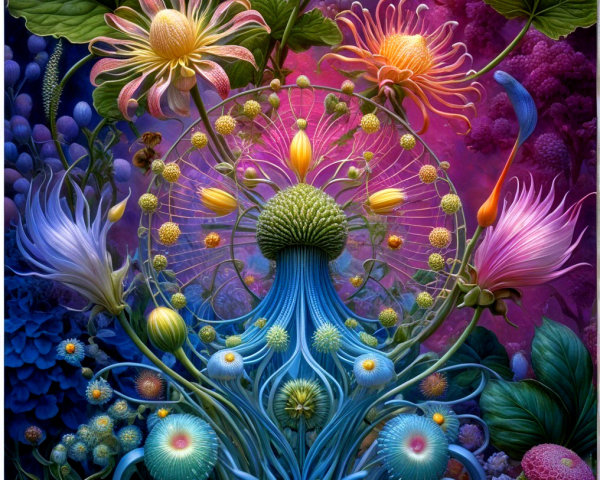 Surreal Floral Composition with Vibrant Colors and Patterns