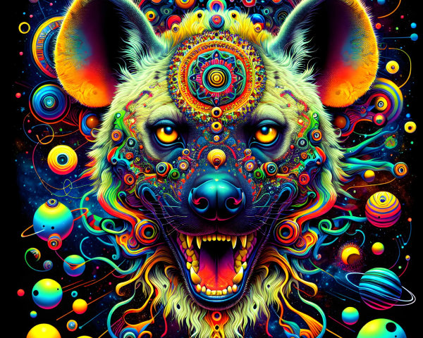 Psychedelic Hyena Head with Cosmic Patterns and Colors