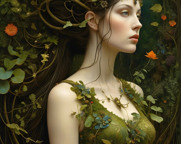 Serene Woman in Green Gown Surrounded by Nature