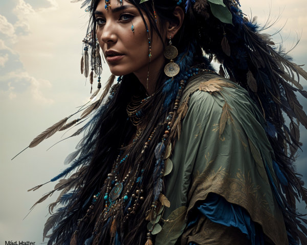 Portrait of a woman with feathers and natural elements