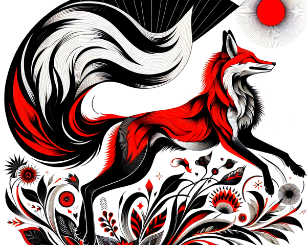 Stylized Fox Illustration in Floral Landscape Design