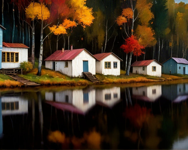 Charming Cottages by a Calm Lake in Autumn Foliage