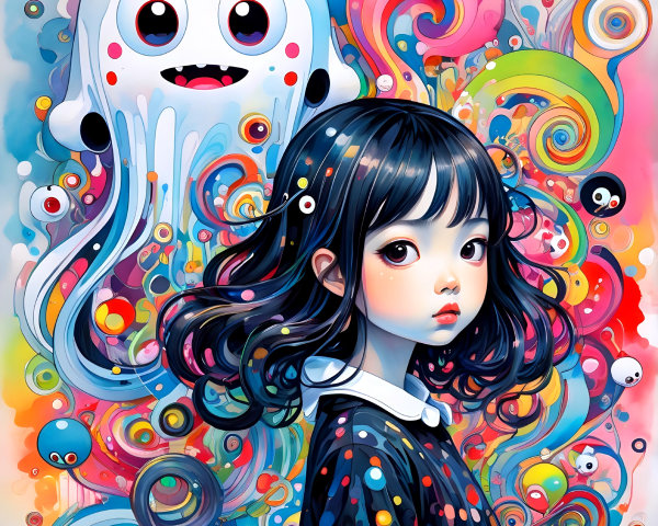 Whimsical illustration of girl with playful ghost backdrop