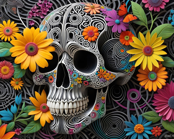 Intricate Skull Surrounded by Colorful Flowers