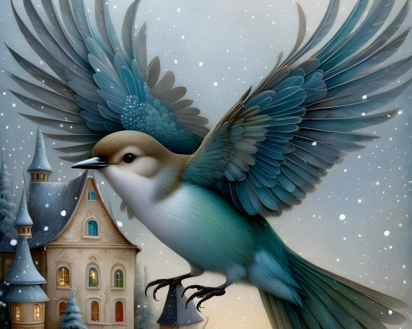 Majestic bird in teal over whimsical winter landscape