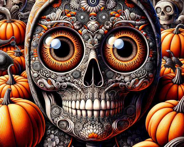 Stylized Skull with Orange Eyes and Floral Patterns