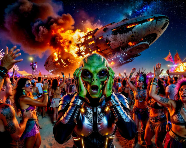 Alien in Futuristic Armor Amidst Surreal Festival Scene