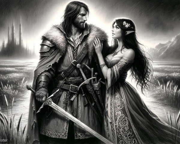 Warrior and Elf in Mystical Fantasy Landscape