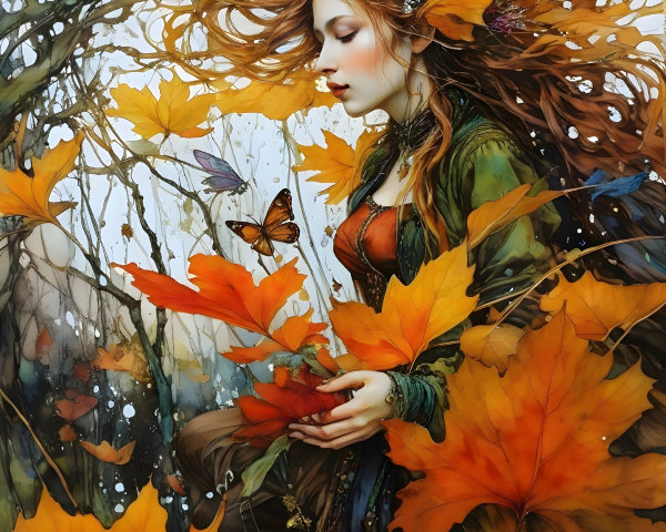 Serene Woman Surrounded by Vibrant Autumn Leaves