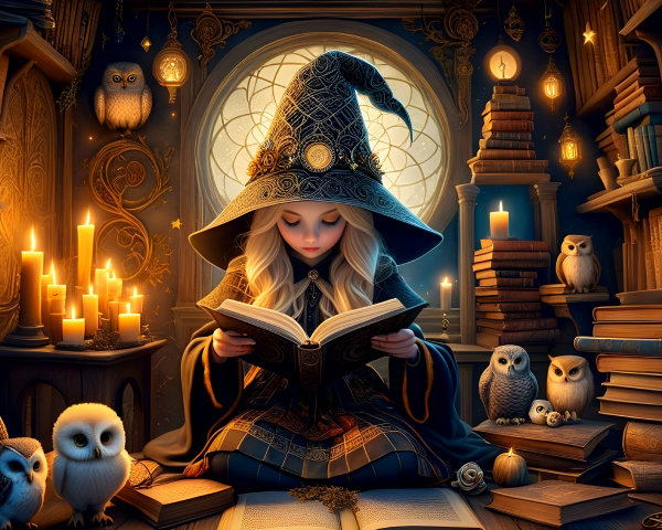 Young witch reading in a cozy library setting