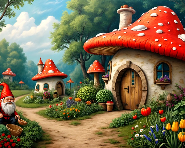 Whimsical Garden with Mushroom Houses and Gnome