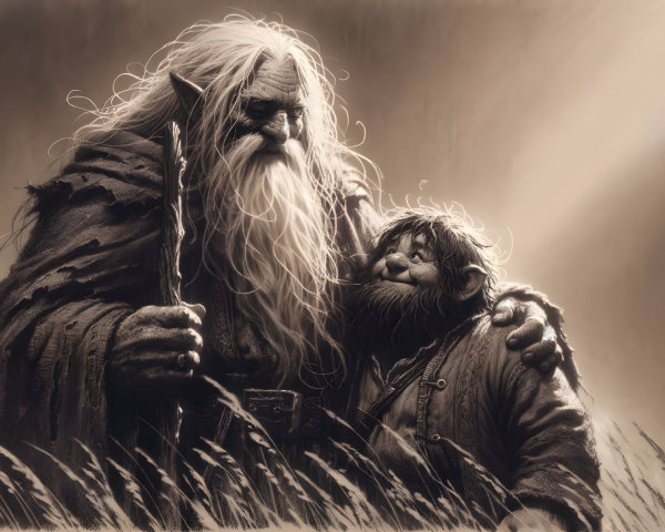 Ancient Sage and Companion in Sepia-Toned Landscape