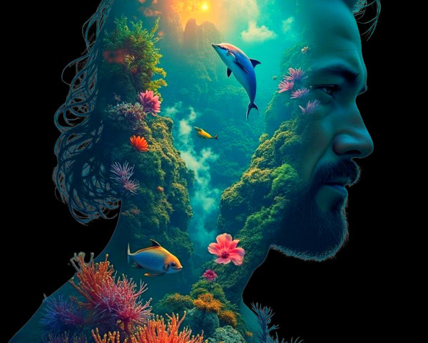 Double Exposure Portrait of Man with Ocean Scene