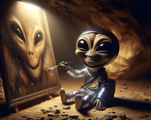 Playful Alien Painting in a Dimly Lit Cave