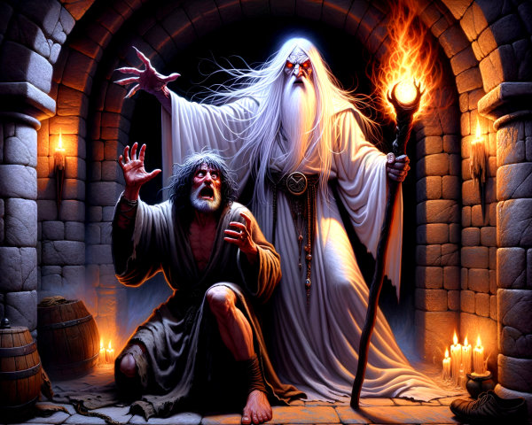 Ghostly Figure in Dim Chamber with Terrified Man