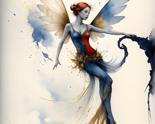 Graceful figure with wings in vibrant red and blue