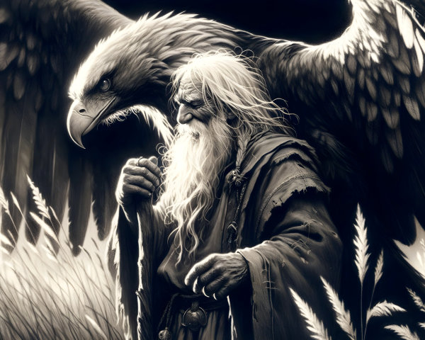 Elderly Sage in Tattered Robes with Majestic Eagle