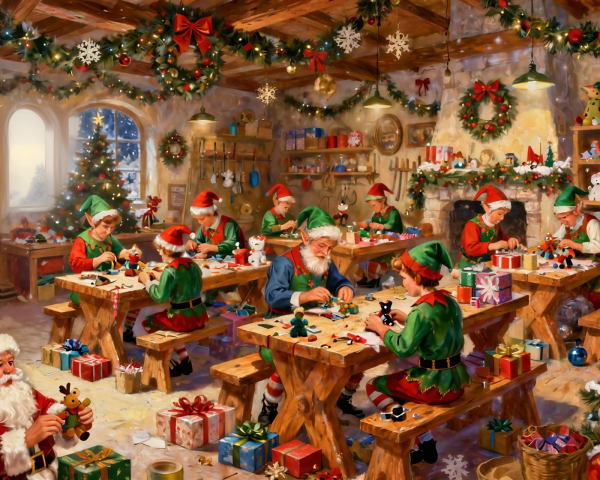 Detailed Illustration of Santa Claus and Elves in Workshop