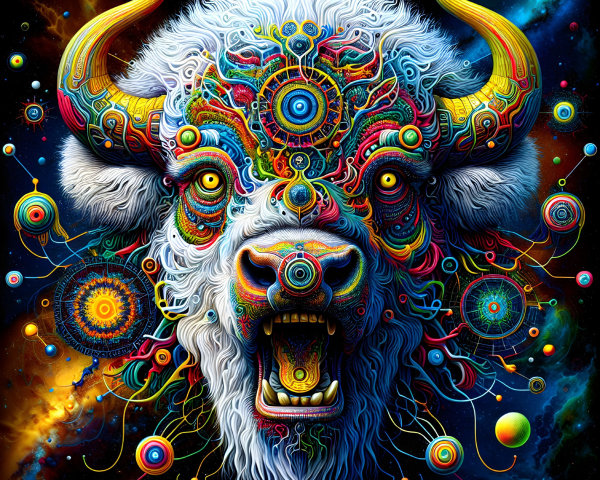 Vibrant Surreal Buffalo Head with Cosmic Elements