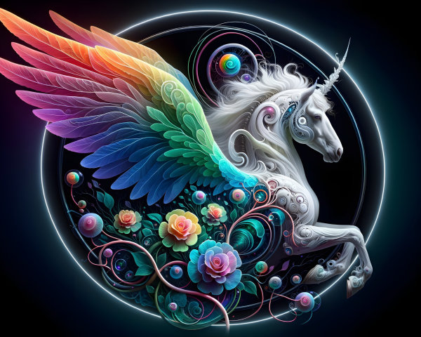 Majestic Unicorn with Rainbow Wings and Floral Patterns