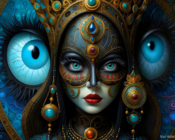 Portrait of a Mysterious Woman in Blue and Gold Patterns