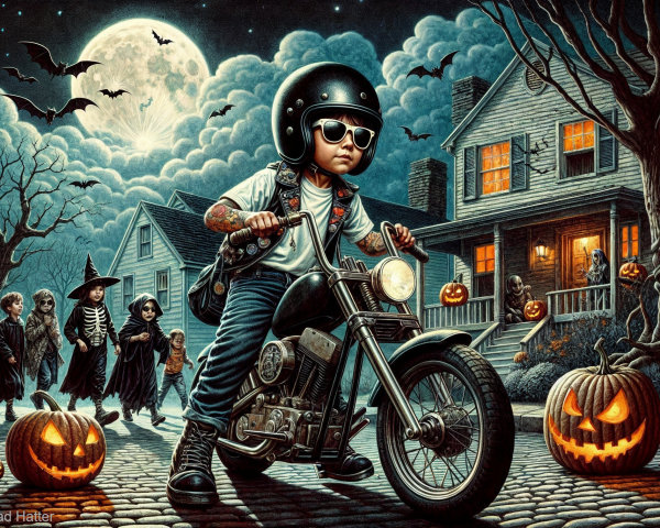 Young Boy on Motorcycle in Halloween Neighborhood Scene
