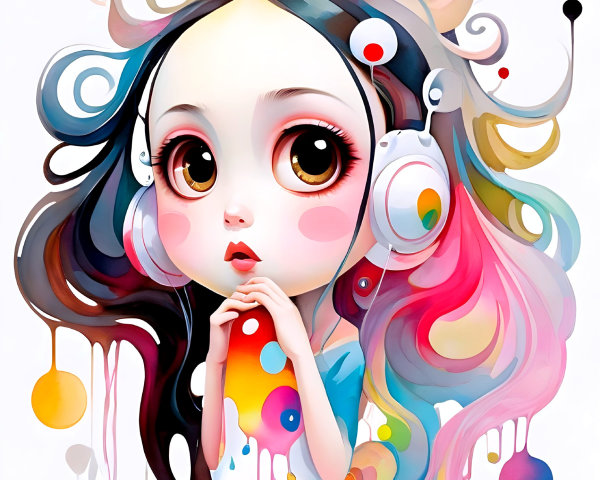 Whimsical Illustration of a Colorful Girl with Headphones