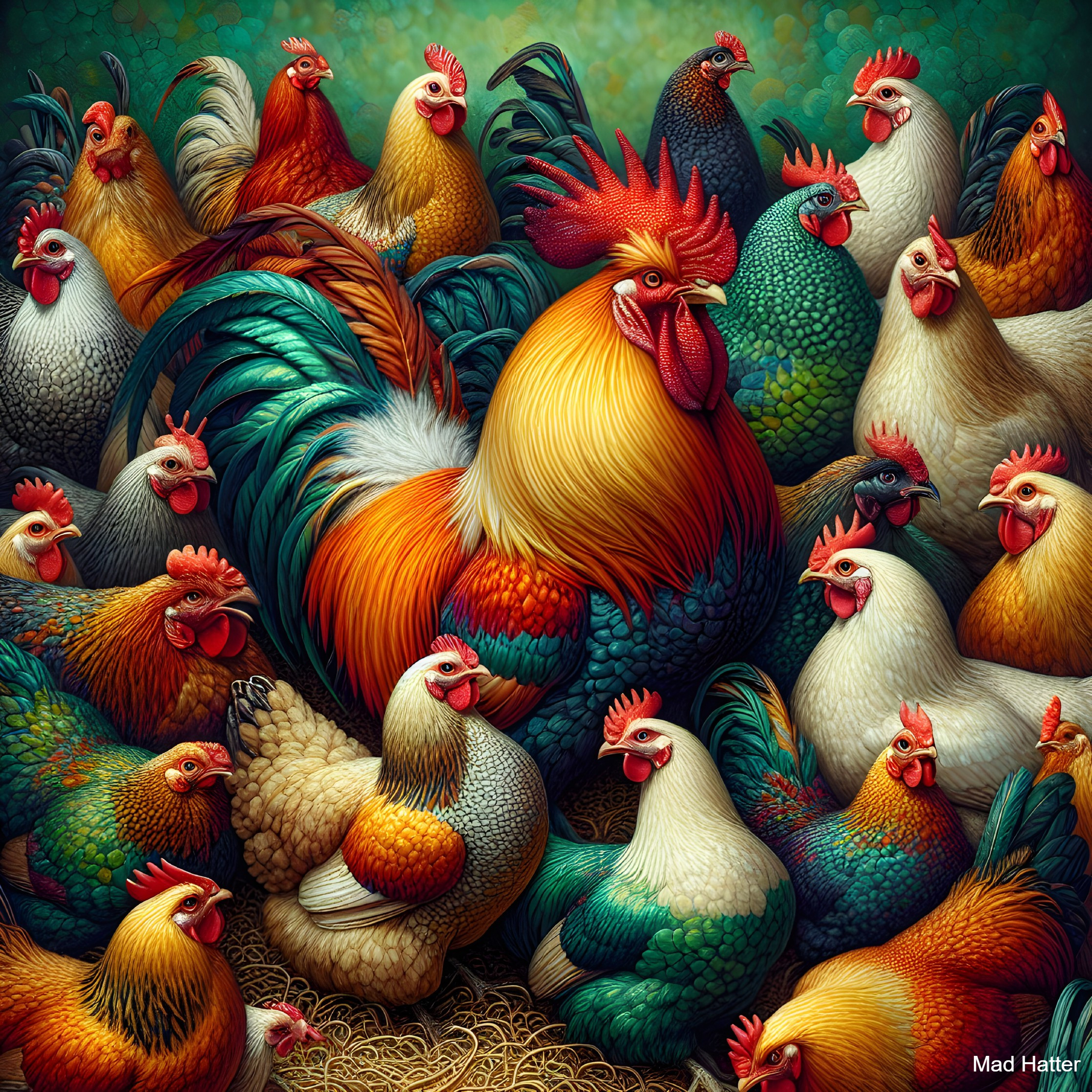 Colorful Chickens and Rooster in Vibrant Farm Scene