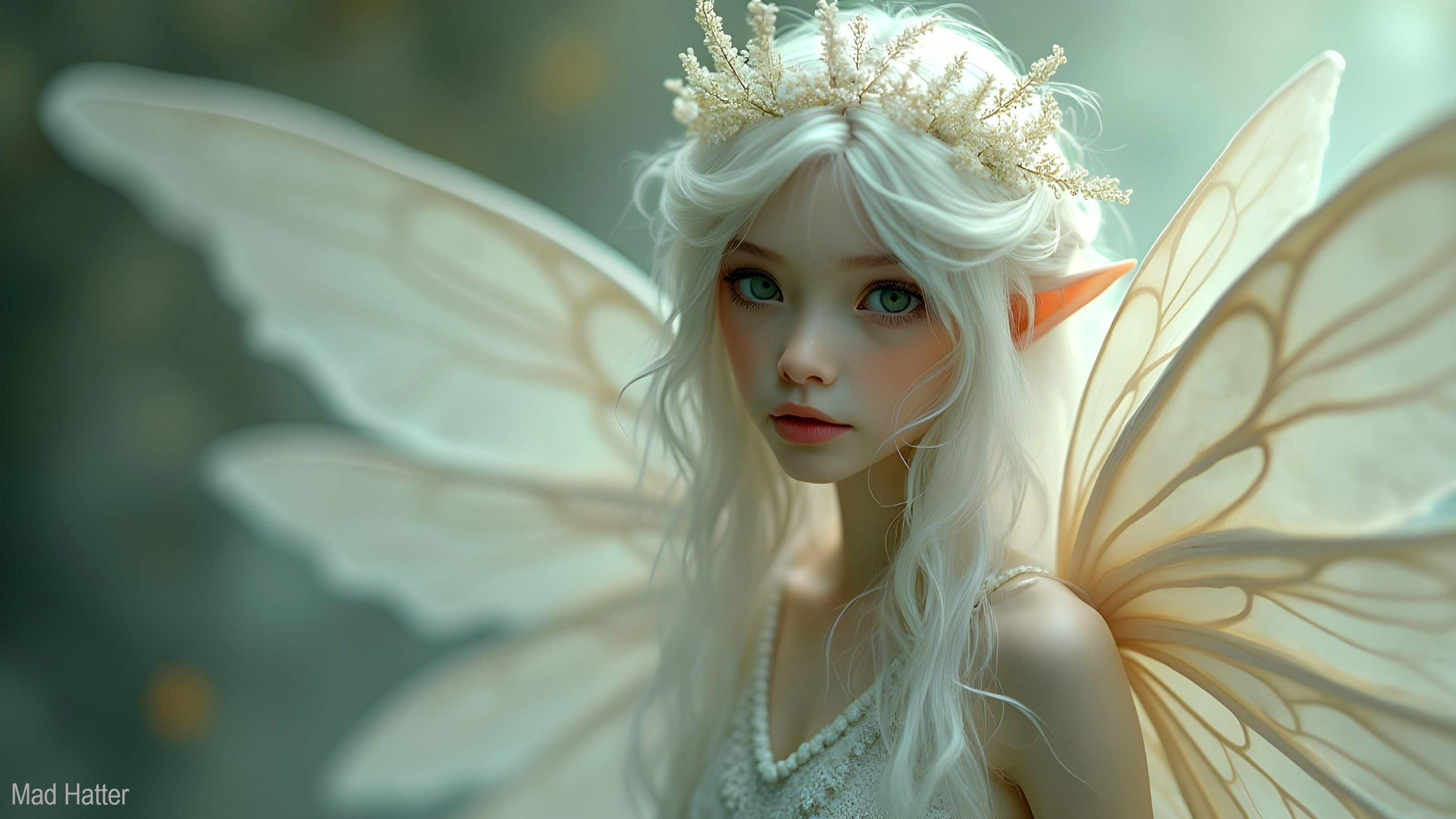 Delicate fairy with flowing hair and shimmering wings