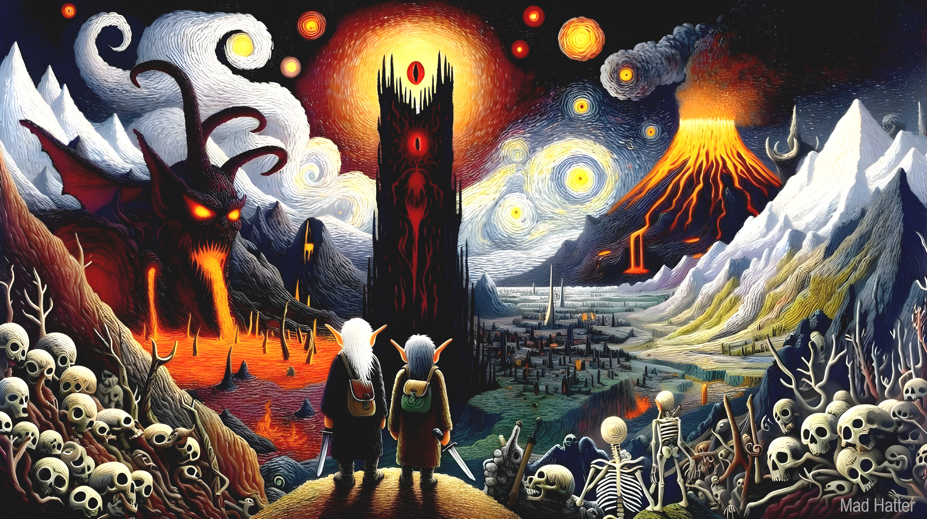Surreal Landscape with Whimsical Characters and Contrast