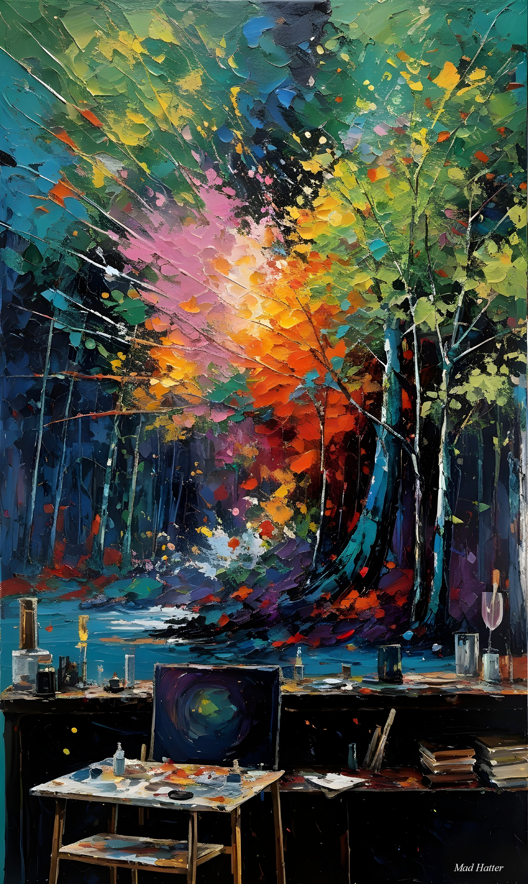 Vibrant Abstract Landscape with Artist's Workspace